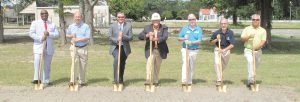 After reworking the original concept and a project re-bid, ground was finally broken last week on Blythewood’s shell building. Digging in at Doko Meadows last Wednesday are: Larry Griffin, Town Councilman; Ed Parler, Economic Development Consultant; Bill Hart, CEO Fairfield Electric Cooperative; Blythewood Mayor J. Michael Ross; Town Councilmen Eddie Baughman and Malcolm Gordge and Kevin Key, Lyn/Rich Contracting Co., Inc. (Photo/Barbara Ball)